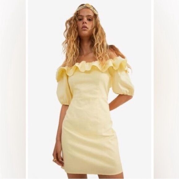 H&M Yellow Linen‎ Blend Off Shoulder Summer Sundress Mini Dress XS NWT - Picture 1 of 8